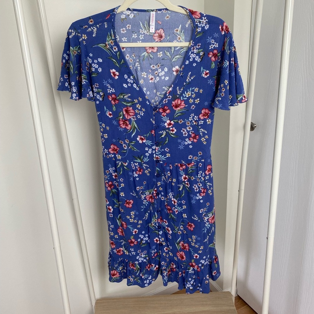 Xhilaration Blue Short Sleeve Floral Dress | Size Medium